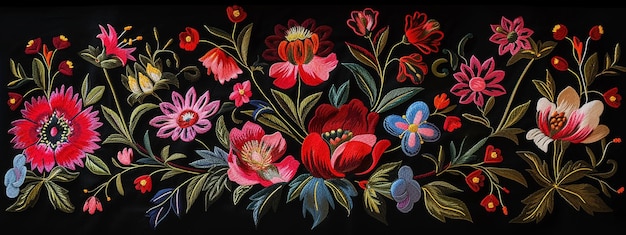 Patrón floral en estilo de bordado sobre un fondo negro