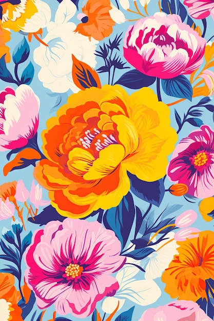 Patrón floral de estilo de impresión Risograph en colores brillantes y vibrantes AI generativo