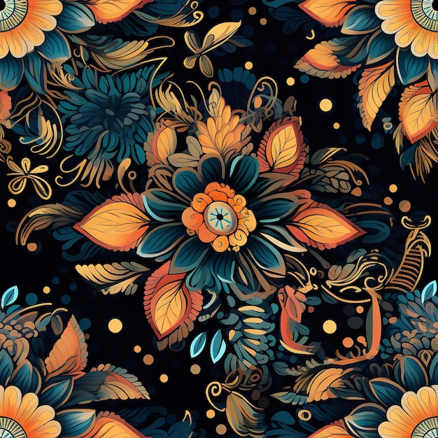 Un patrón floral con una flor azul y naranja y una flor amarilla y naranja.