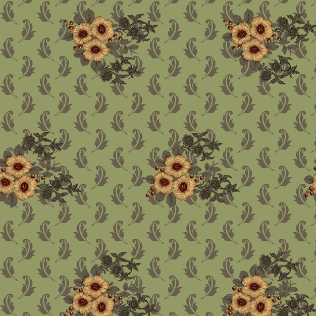 un patrón floral con flores amarillas en un fondo verde
