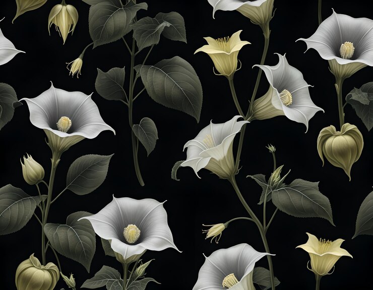 un patrón floral con flores blancas y hojas verdes
