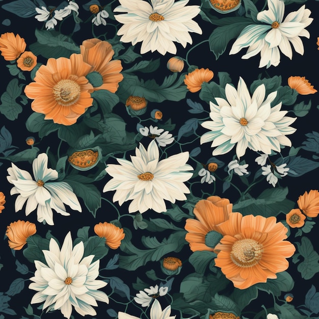 Un patrón floral con flores y hojas blancas y naranjas.