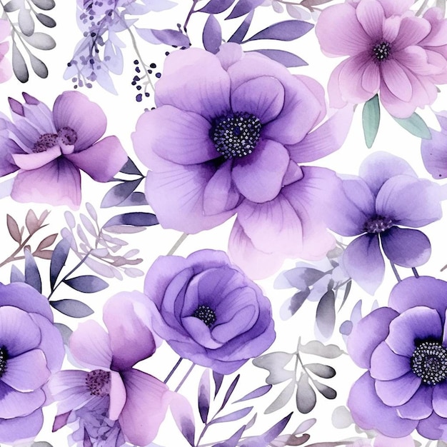 Un patrón floral con flores y hojas de color púrpura.