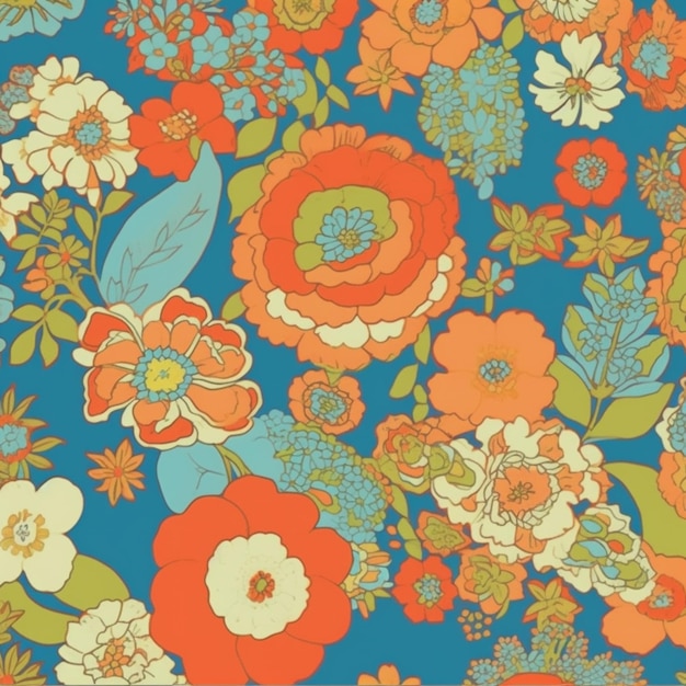 Un patrón floral con flores y hojas naranjas.