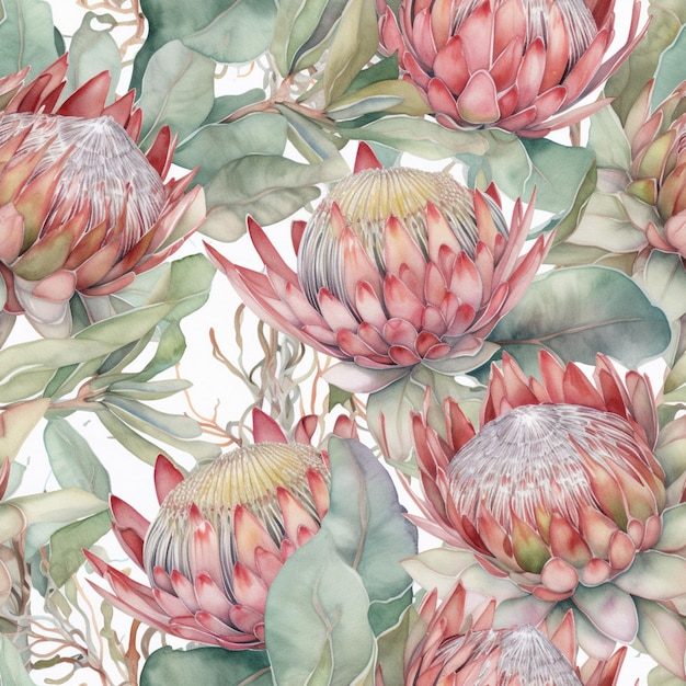 Un patrón floral con flores y hojas de protea.