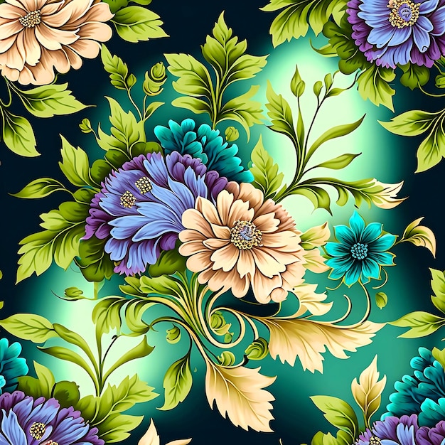 Un patrón floral con flores y hojas sobre un fondo verde oscuro
