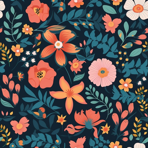 Un patrón floral con flores naranjas y azules.