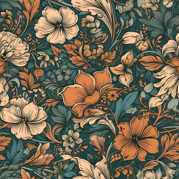 Un patrón floral con flores naranjas y azules.