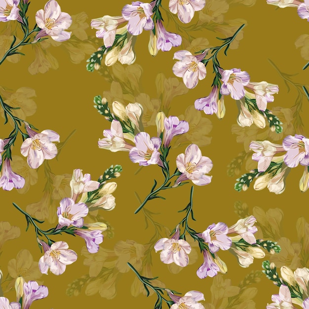 Patrón floral de flores púrpuras y blancas en una superficie de vara dorada