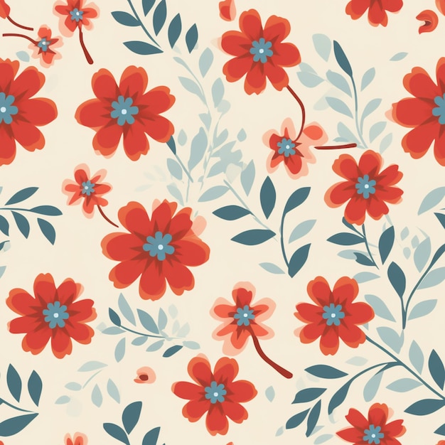Un patrón floral con flores rojas y hojas azules.