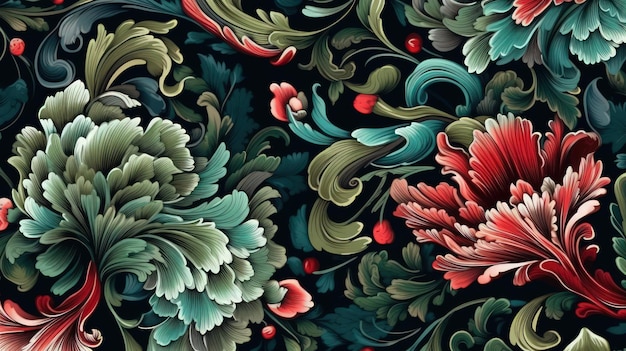 Un patrón floral con flores rojas y hojas verdes.