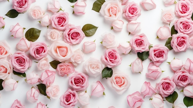 Patrón floral hecho de rosas rosadas y beige hojas verdes ramas sobre fondo blanco IA generativa