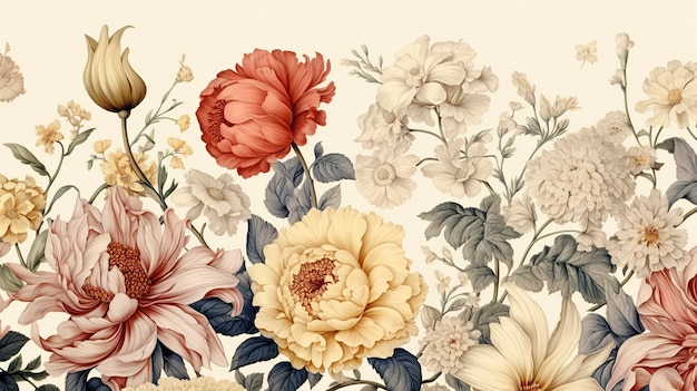 Patrón floral de ilustración botánica vintage con intrincados grabados de flores