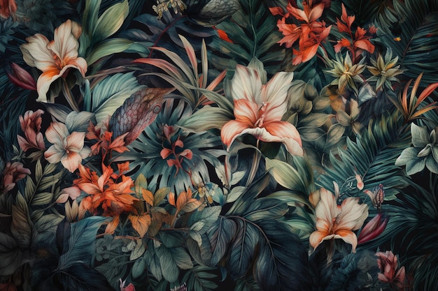 Un patrón floral con lirios y hojas de palma.