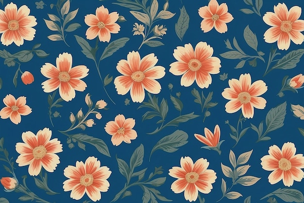 Un patrón floral se muestra con un fondo azul