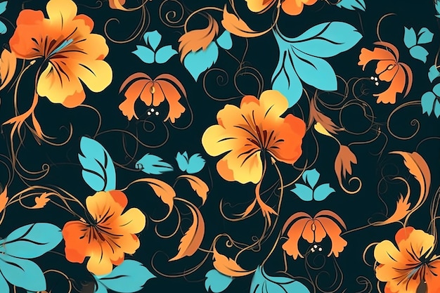 Un patrón floral naranja y azul sobre un fondo negro