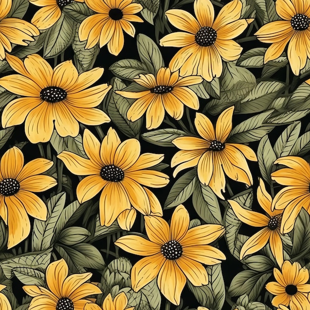 Un patrón floral negro y amarillo con flores amarillas.