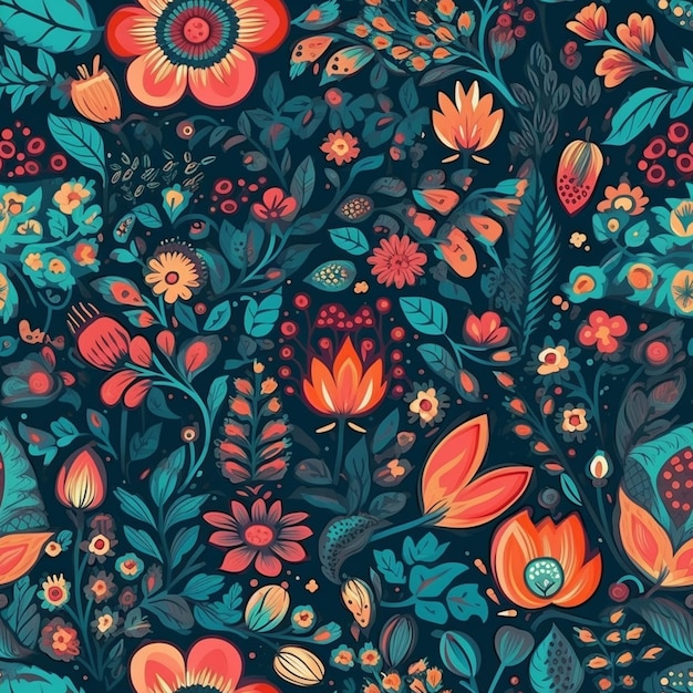 Un patrón floral oscuro con flores y hojas naranjas.