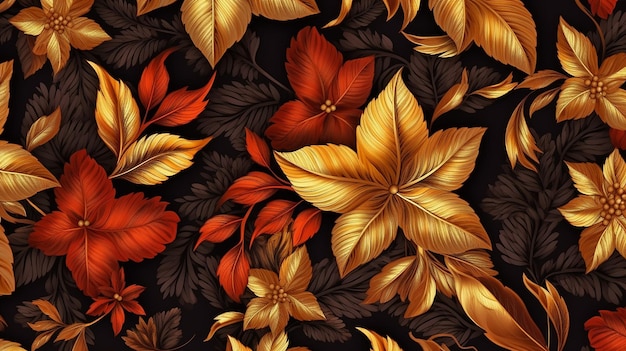 Patrón floral de otoño hojas marrones y doradas y rododendro IA generativa