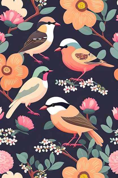 un patrón floral con pájaros y flores.