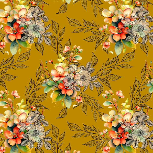 un patrón floral con un ramo de flores en un fondo amarillo