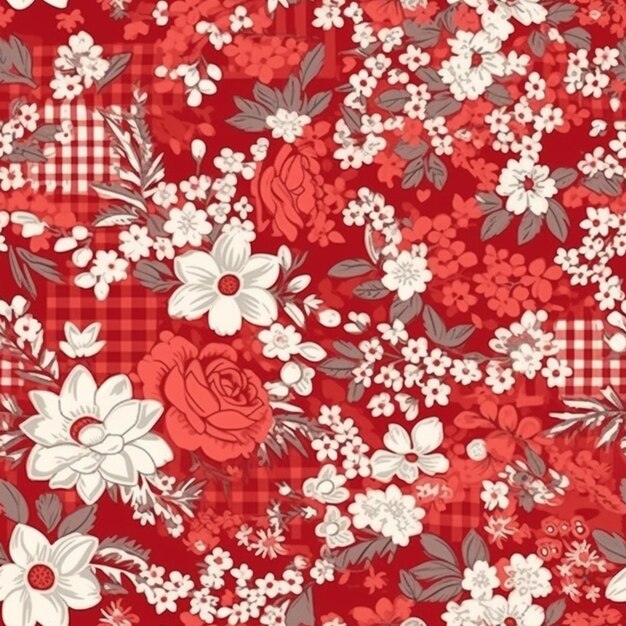 un patrón floral rojo y blanco con un fondo a cuadros ai generativo