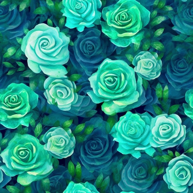 Un patrón floral con rosas azules y hojas verdes.