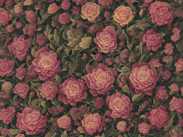 Un patrón floral con rosas y hojas verdes.