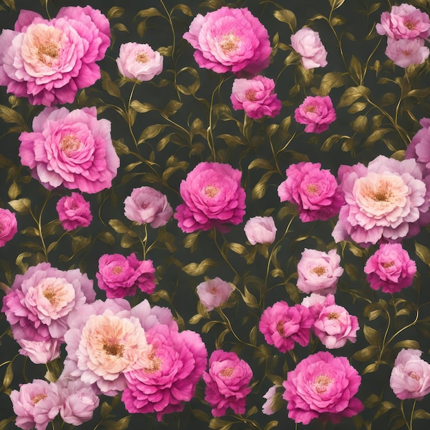 Un patrón floral con rosas rosadas sobre un fondo oscuro.