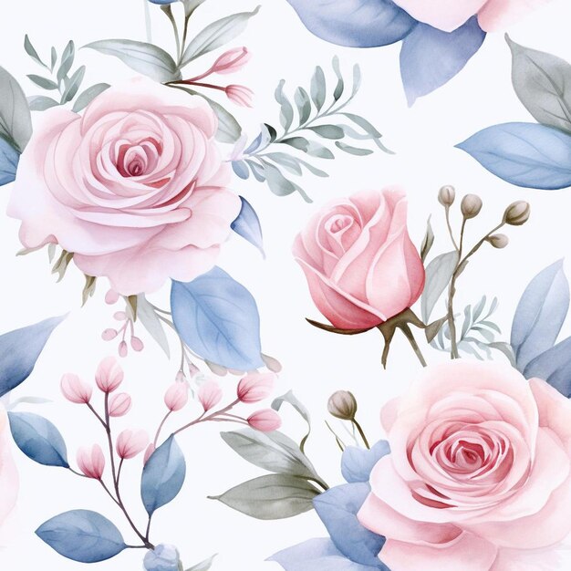 Un patrón floral con rosas rosas y hojas azules.