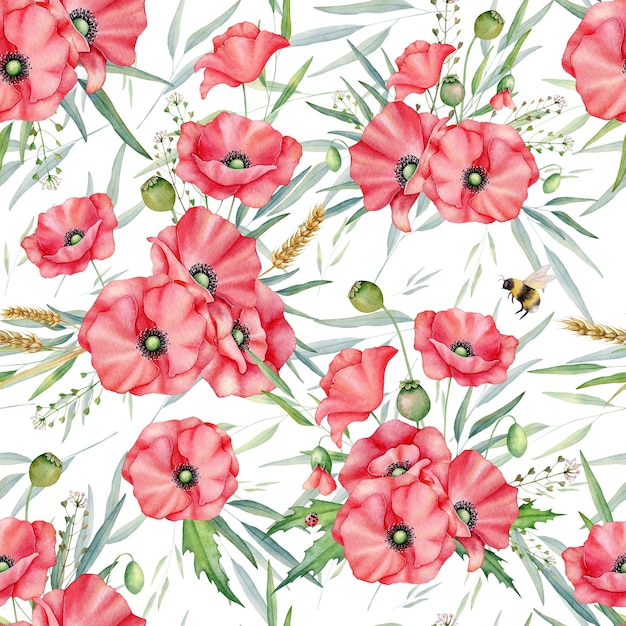 Patrón floral transparente Acuarela amapolas rojas abeja trigo ornamento Ilustración de verano dibujada a mano para papel de regalo de tela