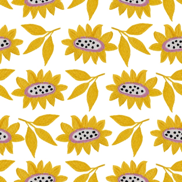 Patrón floral transparente dibujado a mano Flores y hojas acrílicas amarillas Ilustración