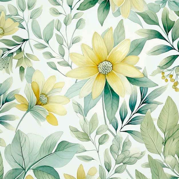 Patrón floral transparente con flores amarillas y hojas verdes sobre fondo blanco.