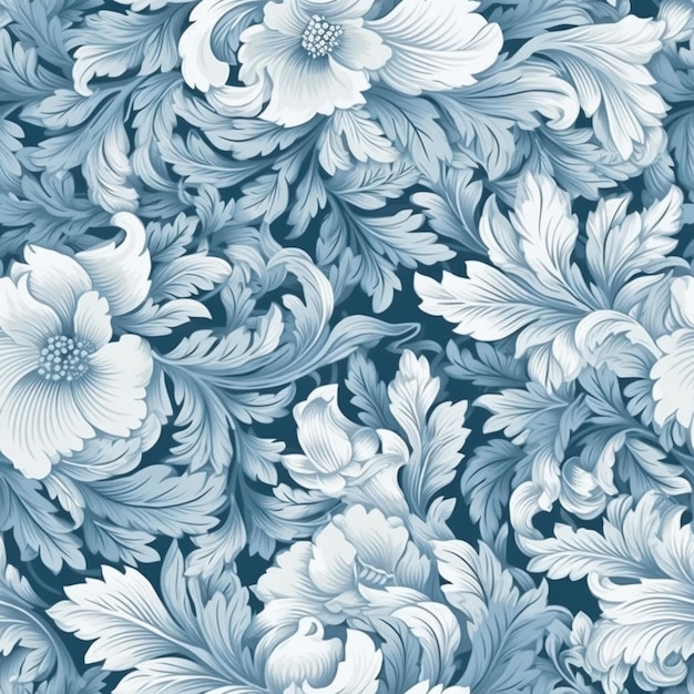 Patrón floral transparente con flores blancas y azules.