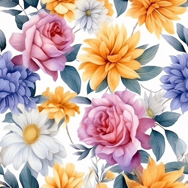 patrón floral transparente con flores de colores sobre un fondo blanco