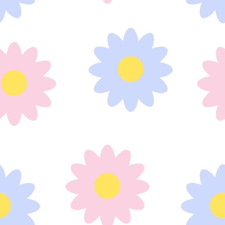 Foto patrón floral transparente con flores de manzanilla azul y rosa sobre un fondo blanco.