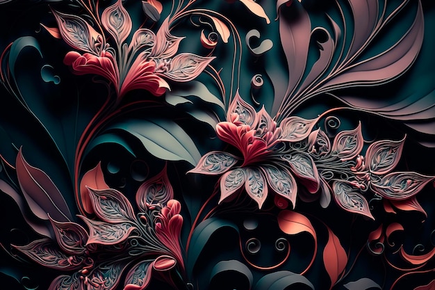 Patrón floral transparente con flores en la oscuridad AI generativa