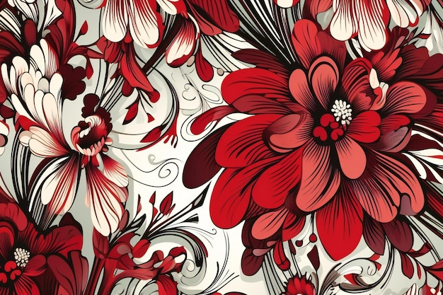 Patrón floral transparente con flores rojas en estilo retro