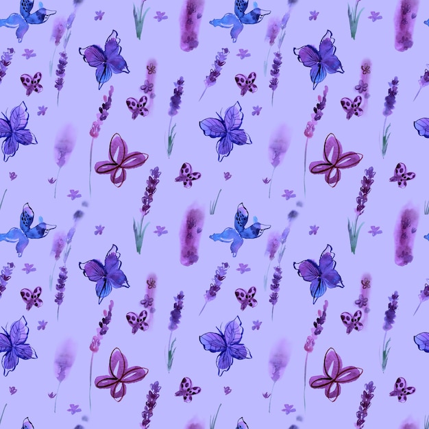 Patrón floral transparente con lavanda y mariposas Fondo de acuarela pintado a mano