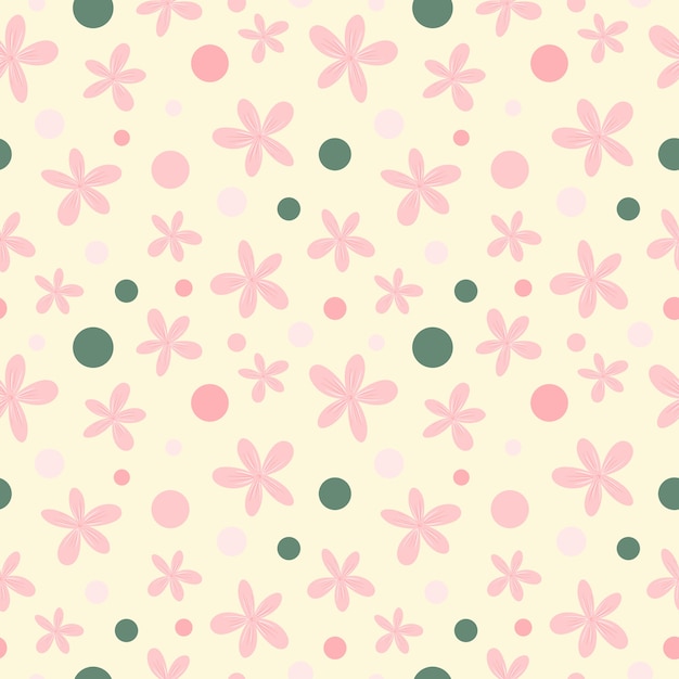 Patrón floral transparente sobre fondo de marfil. Flores rosas, puntos verdes repiten la impresión. Lindo adorno dibujado a mano para textil, tela, papel tapiz, papel de regalo y decoración.