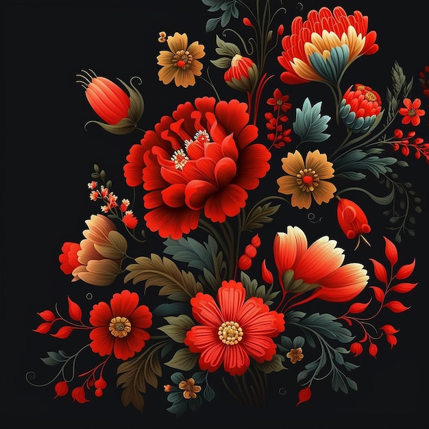 Patrón floral ucraniano de flores fondo negro color rojo Imagen generada por AI