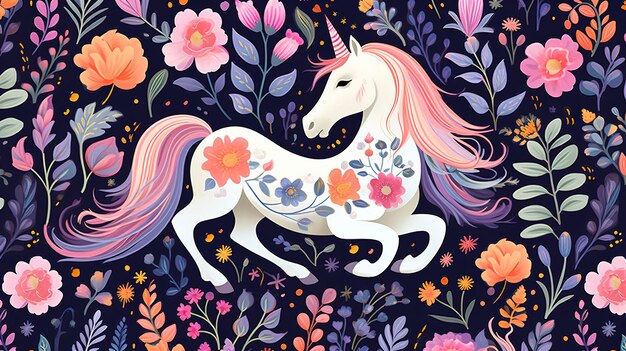 Patrón floral de unicornio caprichoso con flores de fantasía y unicornios