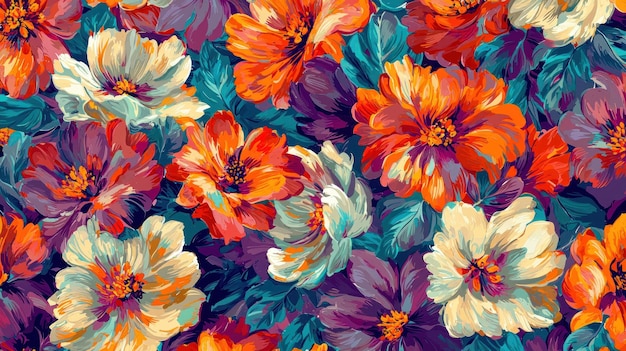 Patrón floral vibrante con flores y hojas de colores