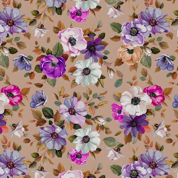 Patrón floral vintage con anémonas, rosas y hojas sobre un fondo beige