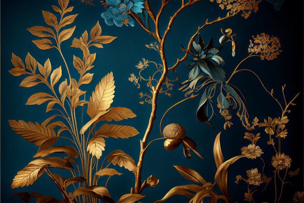 Patrón floral vintage azul y dorado con un aspecto de lujo delicado IA generativa