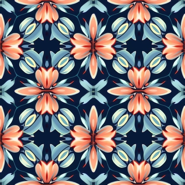 un patrón de flores azul y naranja con un centro rojo ai generativo