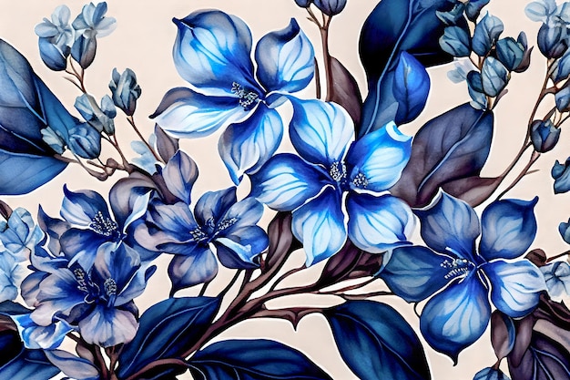 Patrón de flores azulesDibujo de acuarela