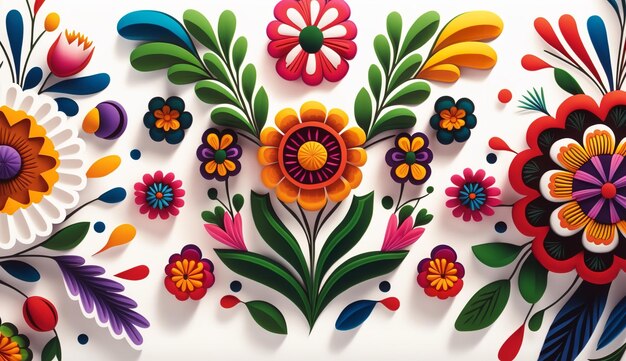 Patrón de flores mexicanas en colores brillantes sobre un fondo blanco Ai generativo