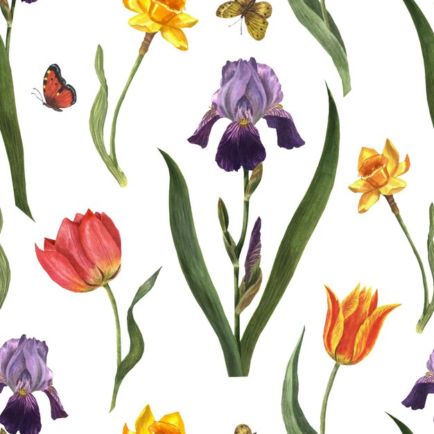 Patrón de flores de primavera sobre un fondo blanco