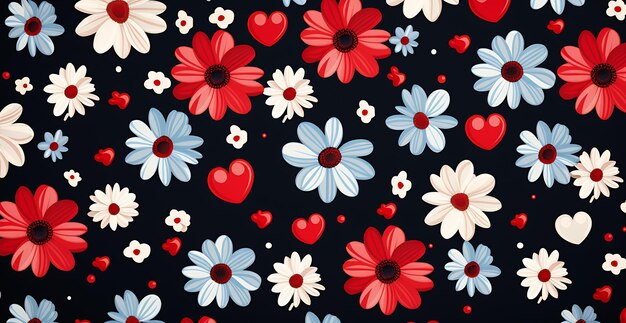 Un patrón de flores de primer plano con corazones en colores azul y rojo con